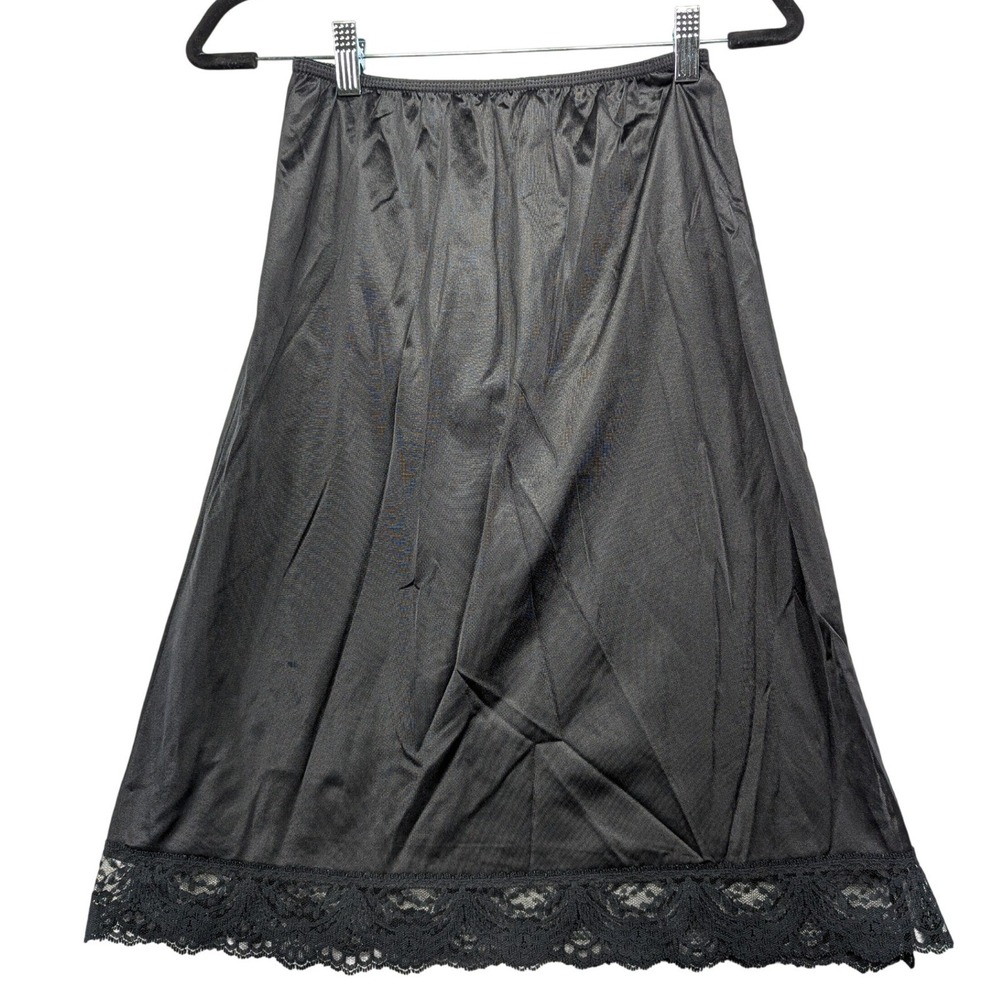 Vintage Black Nylon Tricot Half Slip Lace Trim Non-Cling Made‎ in USA Medium